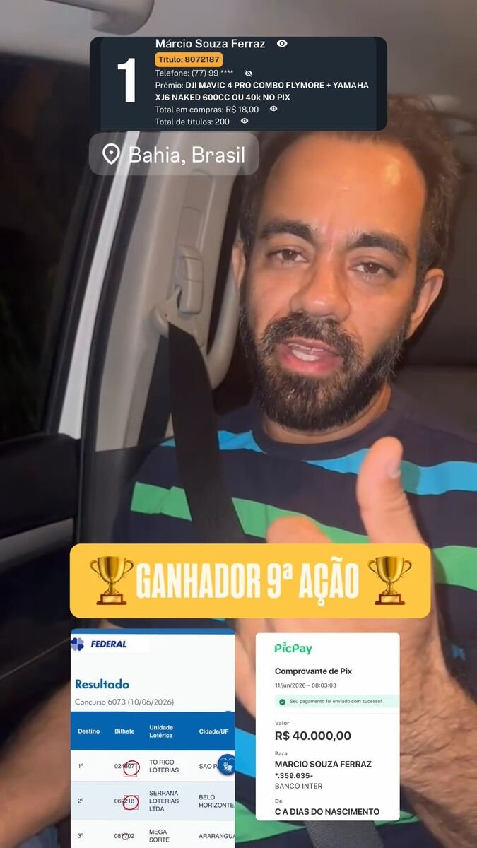 Ganhador da 9ª ação recebendo o prêmio via Pix